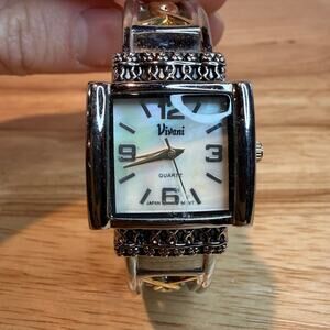 Vivani Silver Tone Oval Quartz Watch Black Crystal Cuff Bracelet Vintage Womens